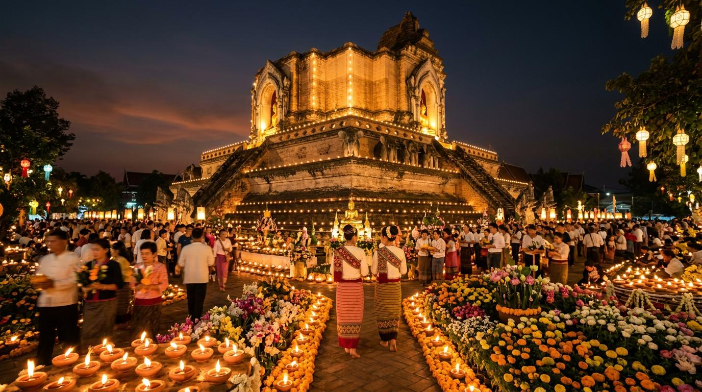 Flower offerings and traditional ceremony at Wat Chedi Luang during Inthakin
