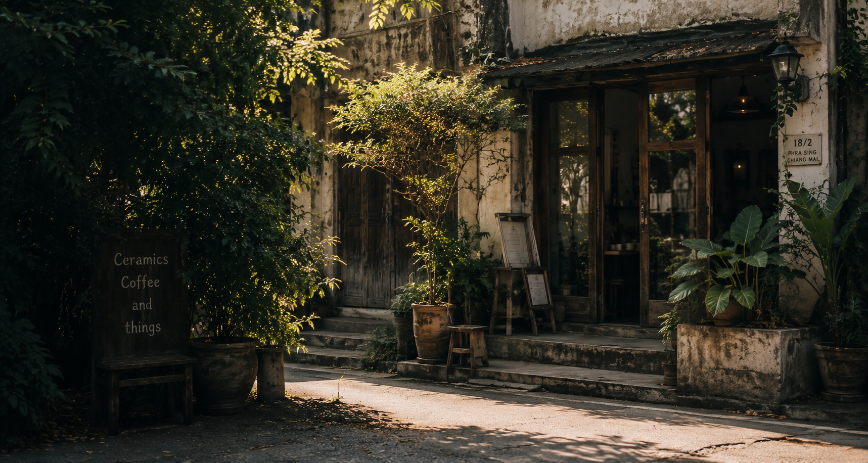 A quiet Chiang Mai shopfront with plants and morning light