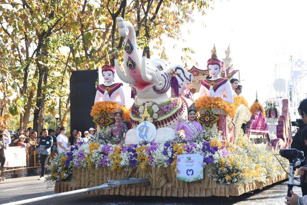 Flower displays and decorated floats at the Chiang Mai Flower Festival