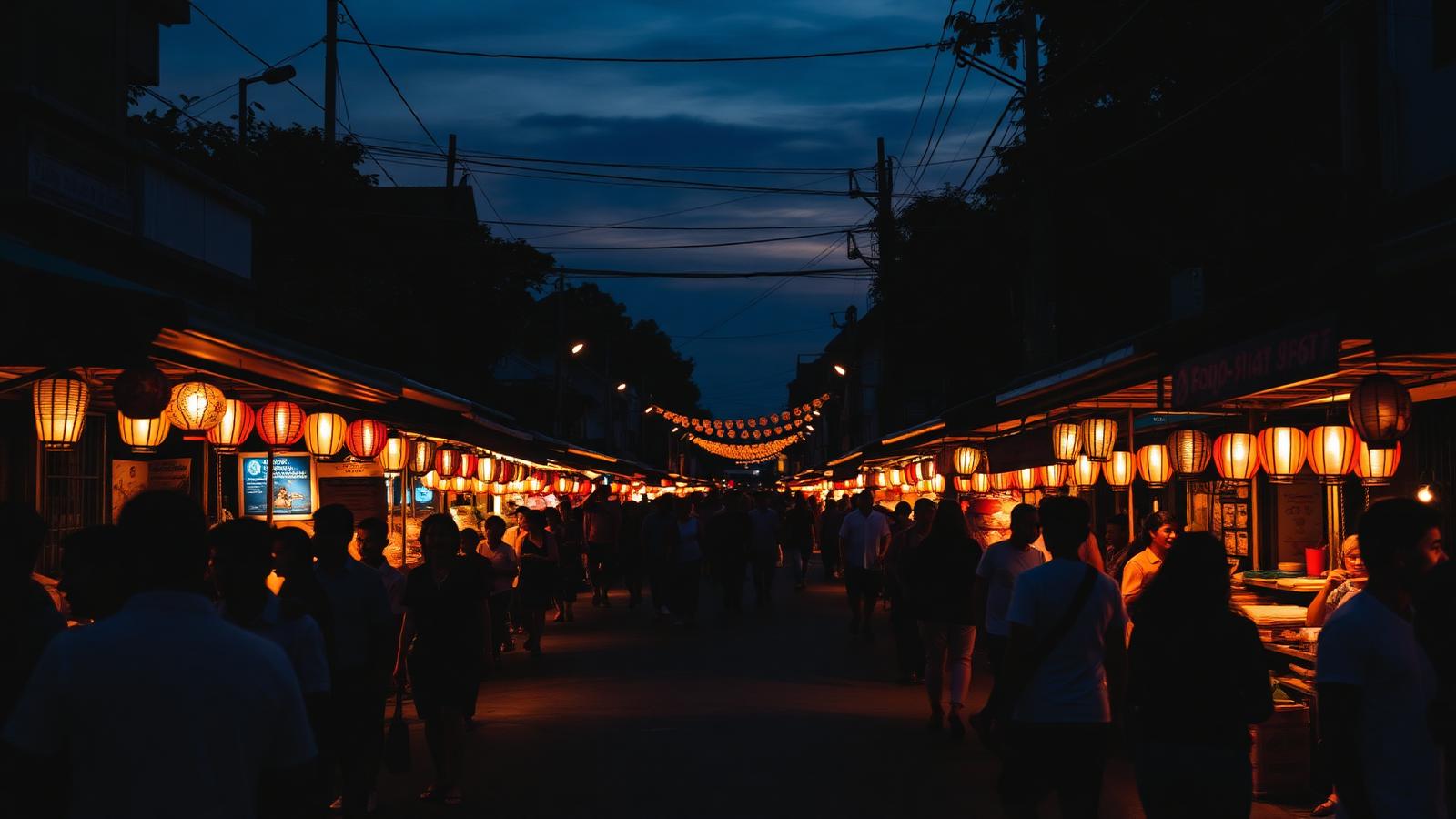 Lantern-lit market street in Chiang Mai at dusk